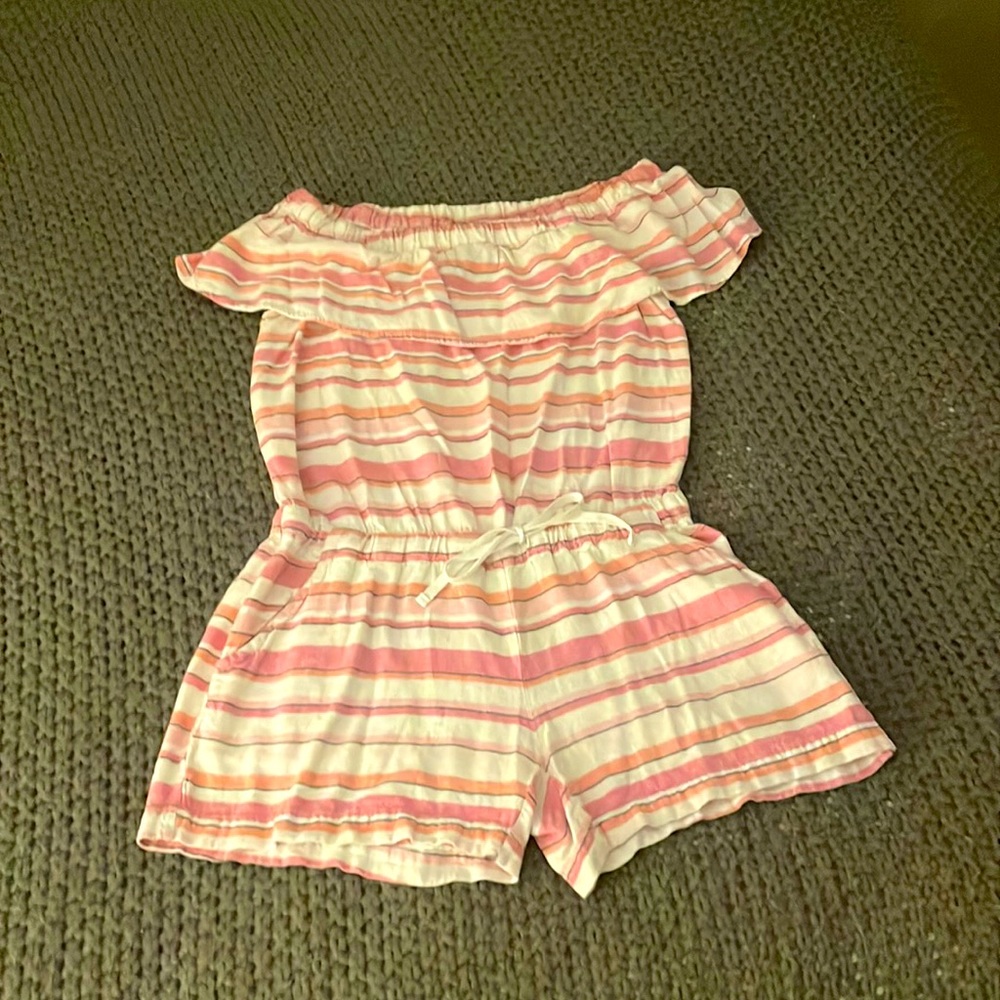Pink and white striped off the shoulder romper suit